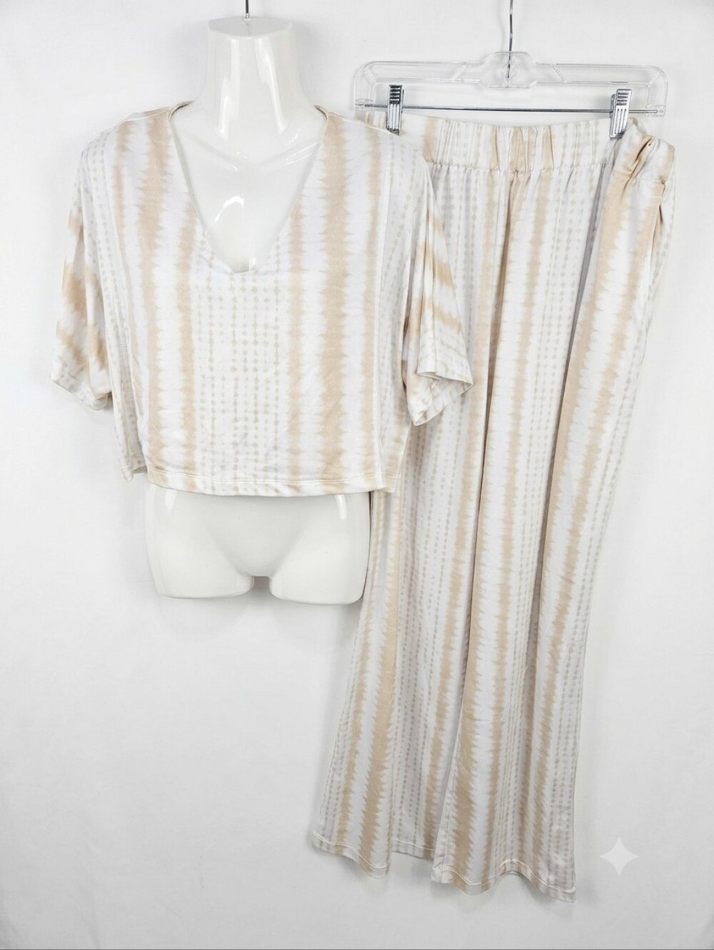 Envy Italy 2 Piece Lounge Set Beige Tie Dye Crop Top Wide Leg Pants Size M/L